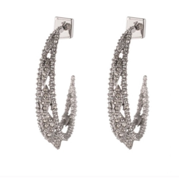ALEXIS BITTAR • NEW Edgy Crystal Encrusted Spiked Lattice Silver Hoop Earrings - Picture 3 of 12